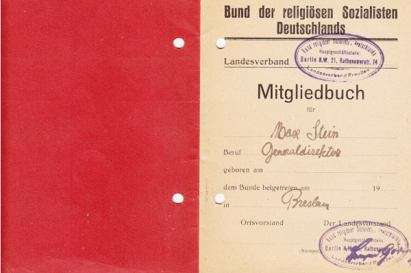 Medlemskort for Forbundet af Religiøse Socialister I Tyskland